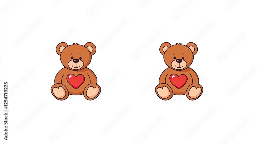 Two adorable cartoon teddy bears with hearts sitting side by side on a white background Two adorable cartoon teddy bears with hearts sitting side by side on a white background
