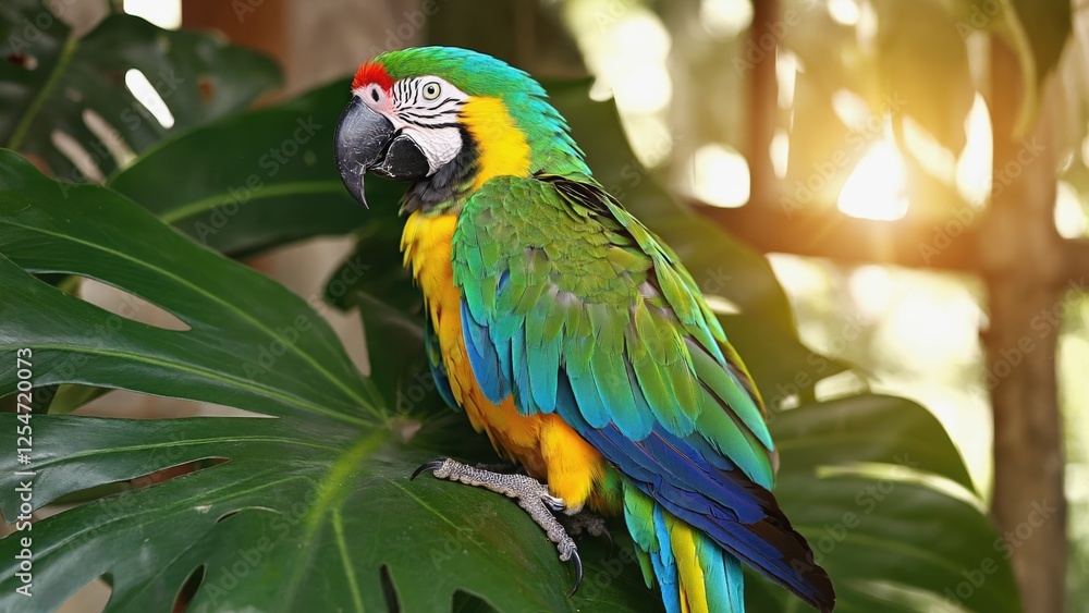 Fototapeta premium Blue and Gold Macaw Perched on Monstera Leaf
