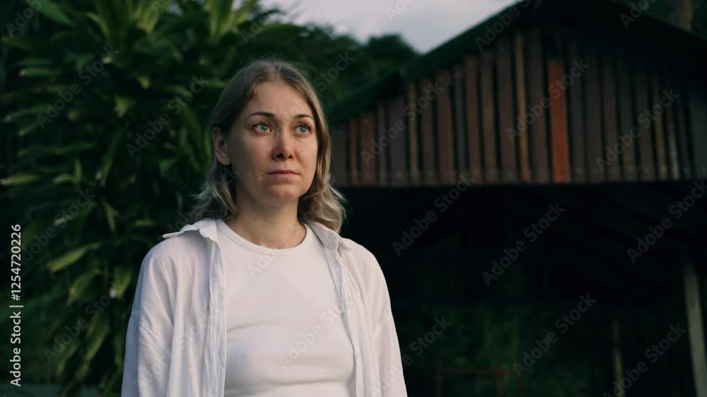 Sadness and longing fill a woman's gaze as she stands near a wooden house, her eyes fixed on the distant horizon, amidst the lush greenery of a tropical garden Sadness and longing fill a woman's gaze as she stands near a wooden house, her eyes fixed on the distant horizon, amidst the lush greenery of a tropical garden