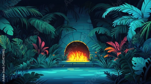 Vibrant jungle scene featuring a cozy fireplace surrounded by lush tropical foliage at night