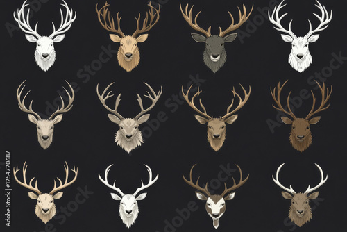 Various deer head illustrations with antlers on dark background photo