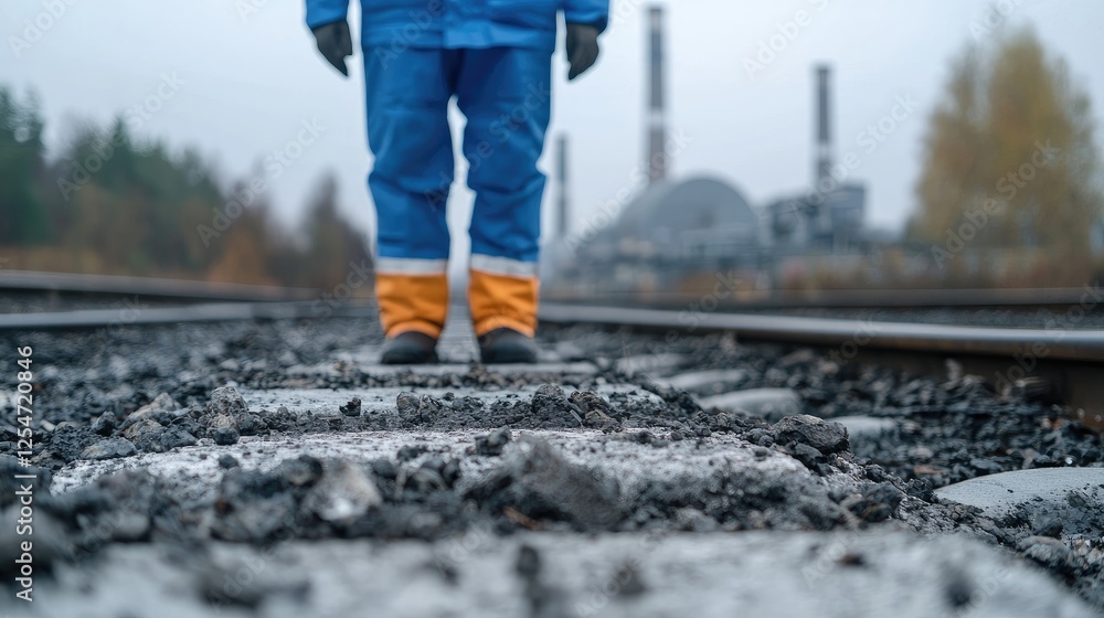 Worker on railway tracks, industrial background, safety gear Worker on railway tracks, industrial background, safety gear