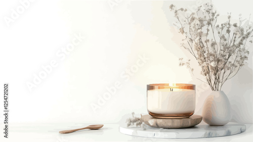 Lit Candle with Dried Flowers and Wooden Tray