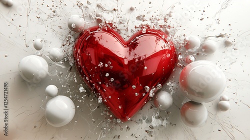 Glistening red heart surrounded by abstract nubes and shiny textures set against a white background symbolizing romance and love perfect for wedding or valentine themed cards