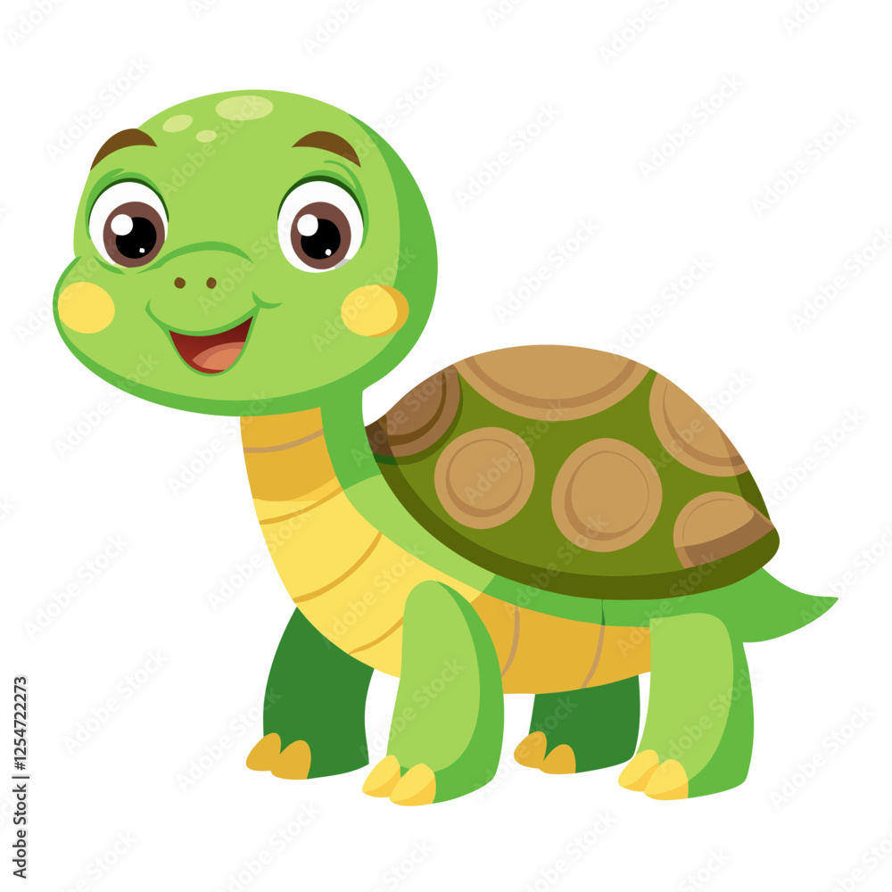 Fototapeta premium A cheerful turtle with a bright green shell smiles joyfully while standing on its legs. The whimsical character radiates happiness in a lively setting filled with colorful plants