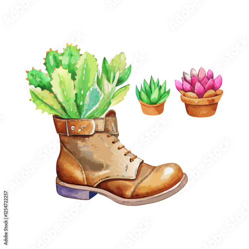 Succulents planted in shoe watercolor painting vector art design