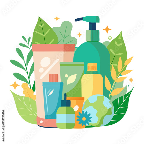 A collection of eco friendly cosmetic products is displayed among vibrant green leaves, highlighting sustainability and nature