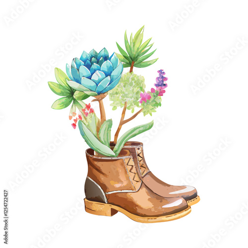 Succulents planted in shoe watercolor painting vector art design