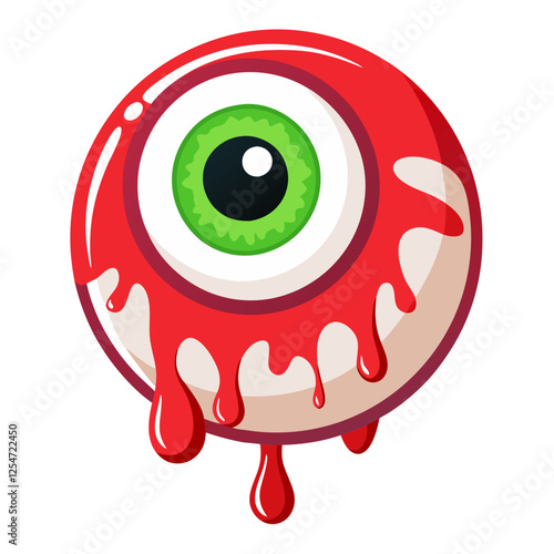 Brightly colored gummy candy shaped like an eyeball, featuring a green iris and black pupil. The candy has a dripping red jelly effect, enhancing its spooky appearance