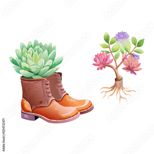 Succulents planted in shoe watercolor painting vector art design