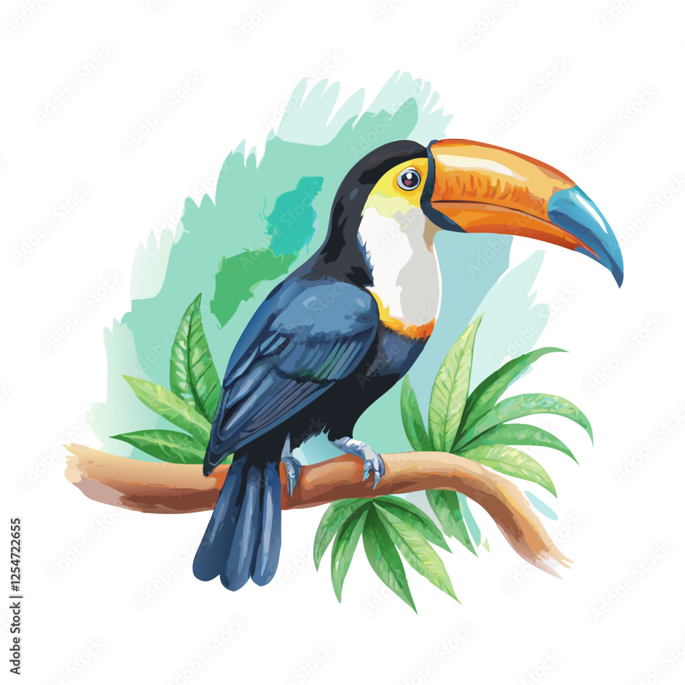 Fototapeta premium Toucan perched on a small Twig watercolor painting vector art design