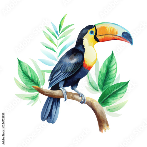 Toucan perched on a small Twig watercolor painting vector art design