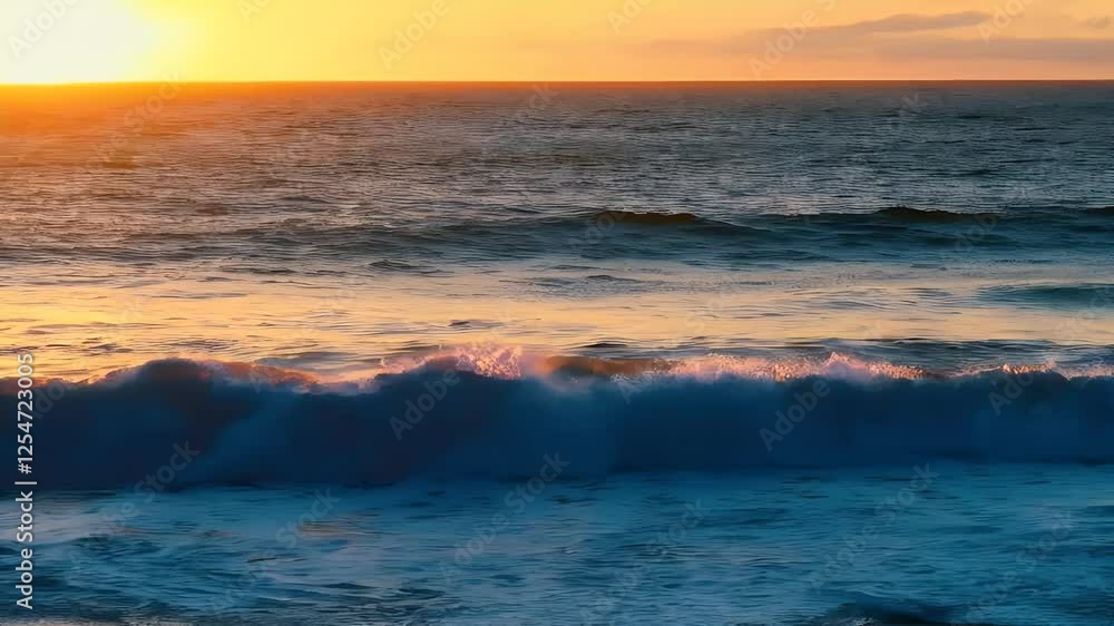 A peaceful and relaxing scene of ocean waves gently rolling onto the shore, illuminated by the golden glow of a stunning sunset A peaceful and relaxing scene of ocean waves gently rolling onto the shore, illuminated by the golden glow of a stunning sunset