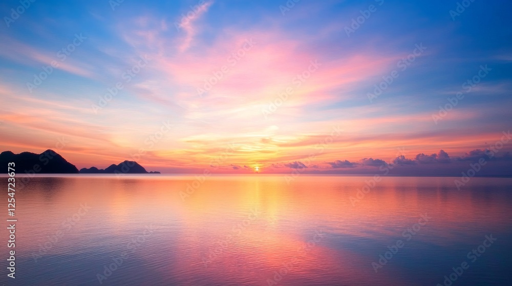 Serene tropical sunrise over calm ocean, reflecting vibrant colors; idyllic beach scene; perfect for travel brochures Serene tropical sunrise over calm ocean, reflecting vibrant colors; idyllic beach scene; perfect for travel brochures