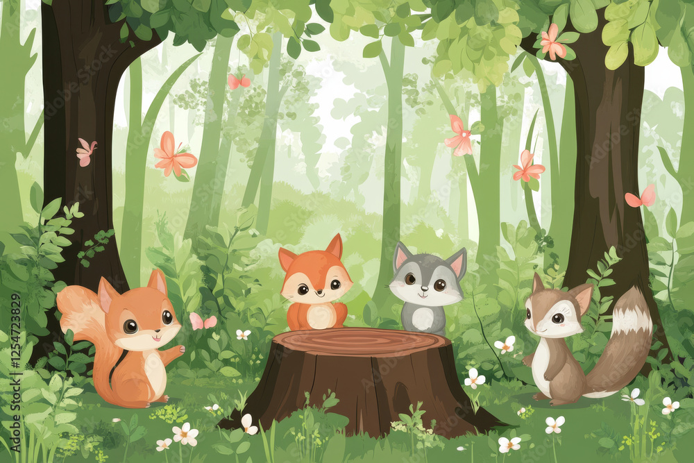 Cute forest animals gather around tree stump in lush woodland setting Cute forest animals gather around tree stump in lush woodland setting