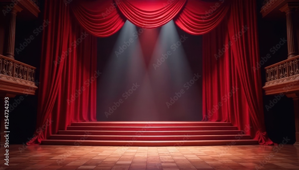Fototapeta premium Grand red curtains, empty stage, ornate staircase bathed in spotlight , theater, design, luxury