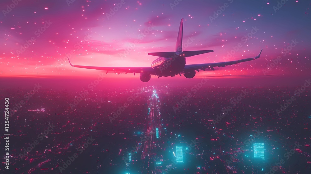 Glowing neon aircraft soaring above a cyber-themed metropolis, embodying 80s retro-futurism and digital fantasy, concept art style Glowing neon aircraft soaring above a cyber-themed metropolis, embodying 80s retro-futurism and digital fantasy, concept art style