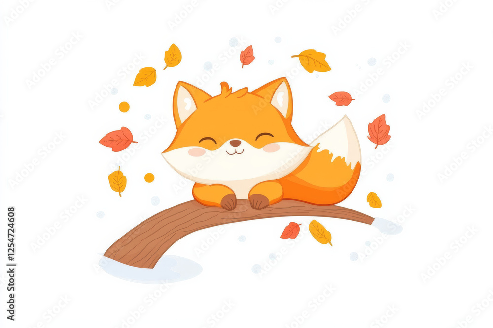 Fototapeta premium Cute fox resting on branch surrounded by autumn leaves