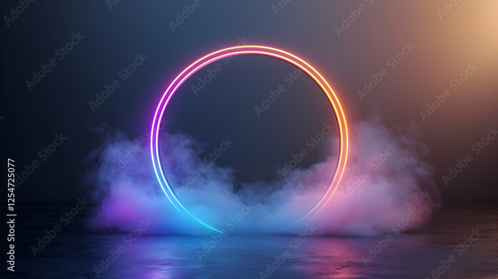 Neon circle portal, smoky scene, futuristic background, design template Neon circle portal, smoky scene, futuristic background, design template