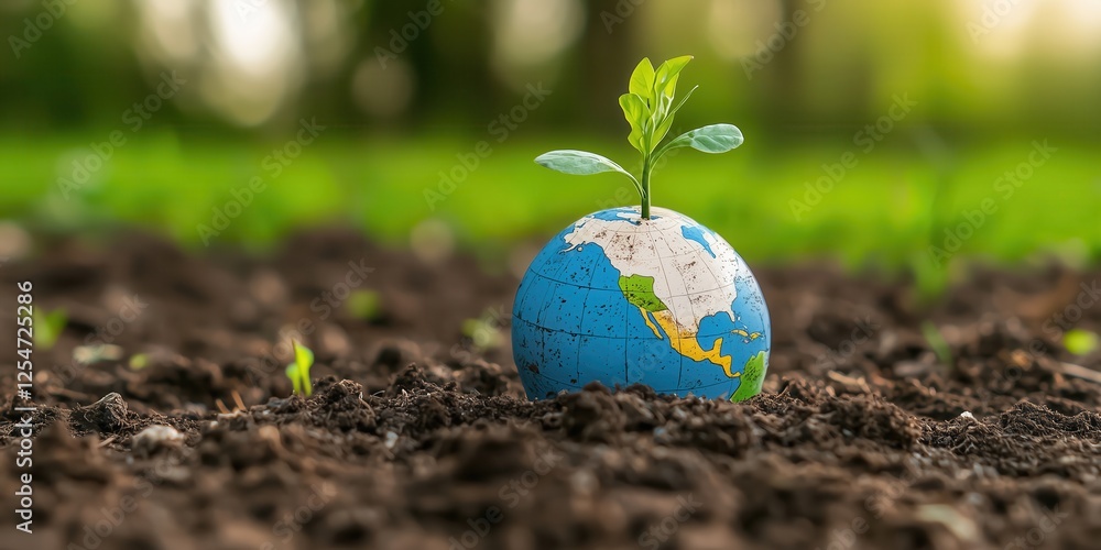 Small Green Plant Growing on Top of Globe in Soil Represents Environmental Sustainability and Global Awareness in Nature Conservation Efforts Small Green Plant Growing on Top of Globe in Soil Represents Environmental Sustainability and Global Awareness in Nature Conservation Efforts