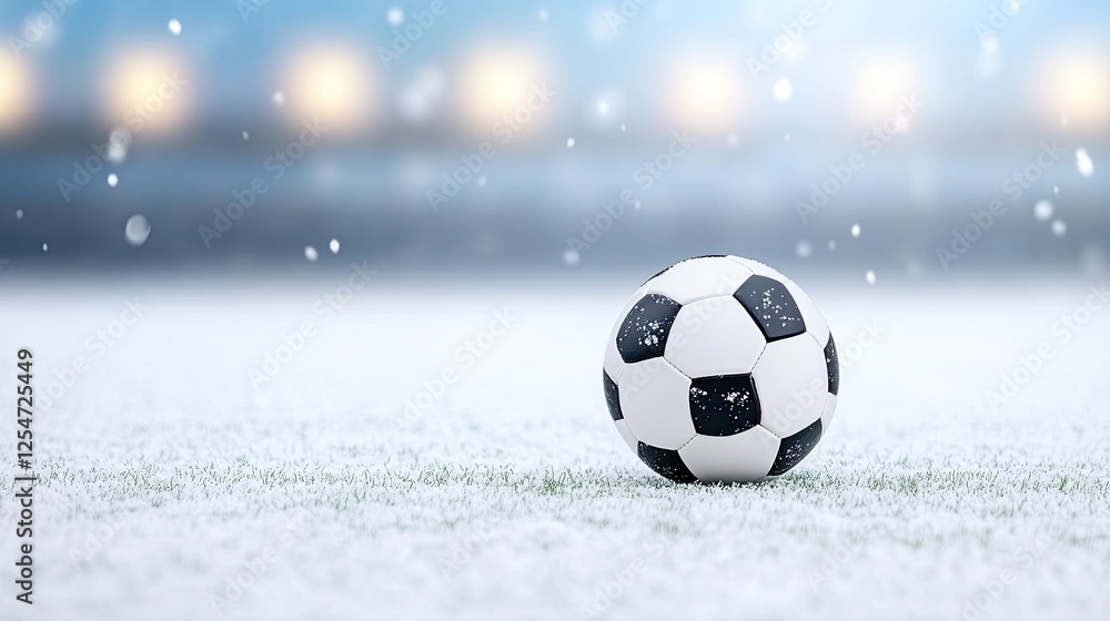 A solitary soccer ball resting on a snowy field, with blurred stadium lights in the background A solitary soccer ball resting on a snowy field, with blurred stadium lights in the background