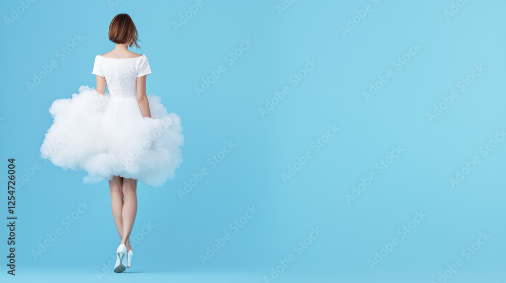 woman in white dress with cloud like skirt stands against blue background, exuding whimsical and dreamy vibe woman in white dress with cloud like skirt stands against blue background, exuding whimsical and dreamy vibe