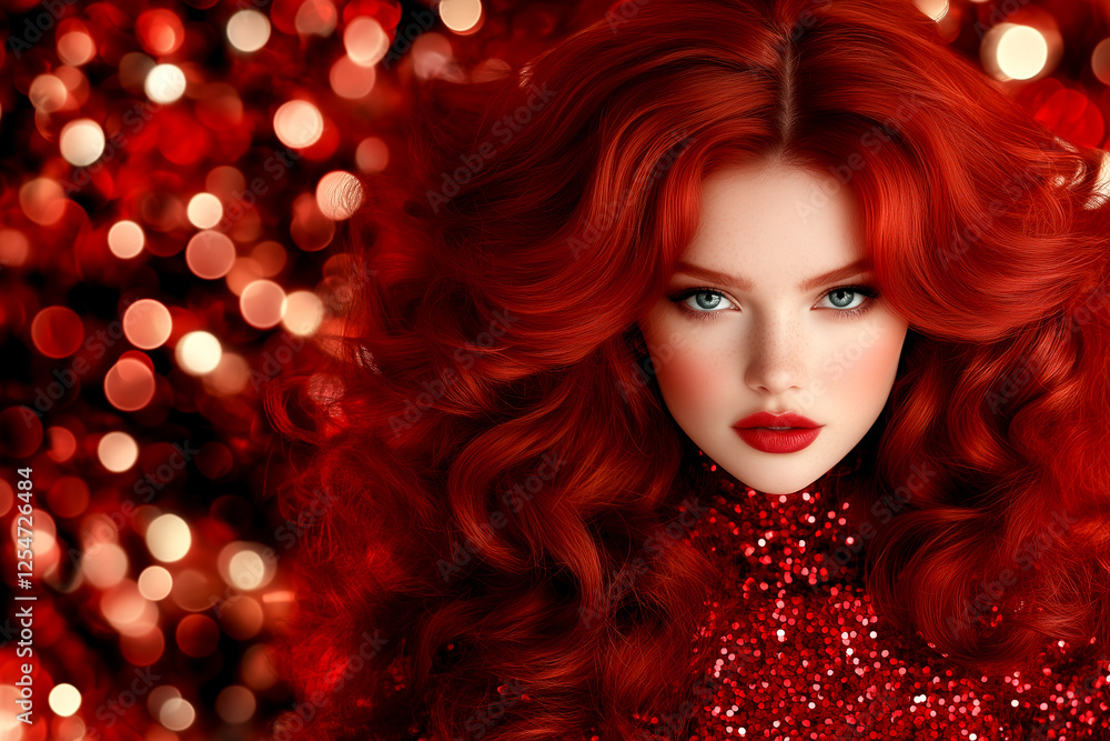 Fototapeta premium A woman with red hair and red dress is shown in a red background. The image has a festive and celebratory mood, as the woman is dressed up for a special occasion