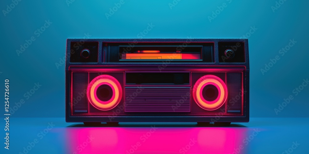 Fototapeta premium A retro boombox with vibrant neon lights, set against a cool blue backdrop, evokes nostalgia and a love for classic music.