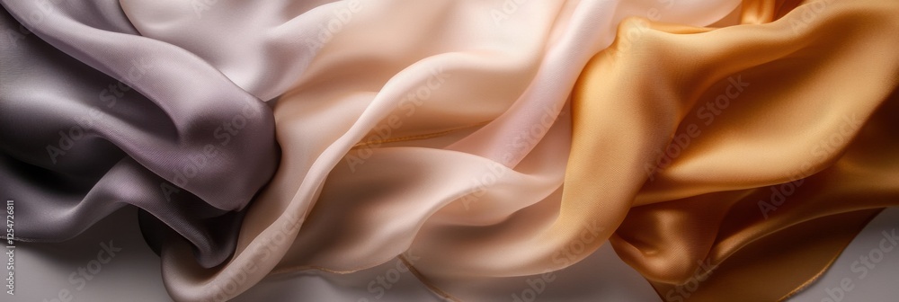 Fototapeta premium Elegant flowing silk fabrics create a serene atmosphere with soft lighting and neutral tones for creative blank space. Generative AI