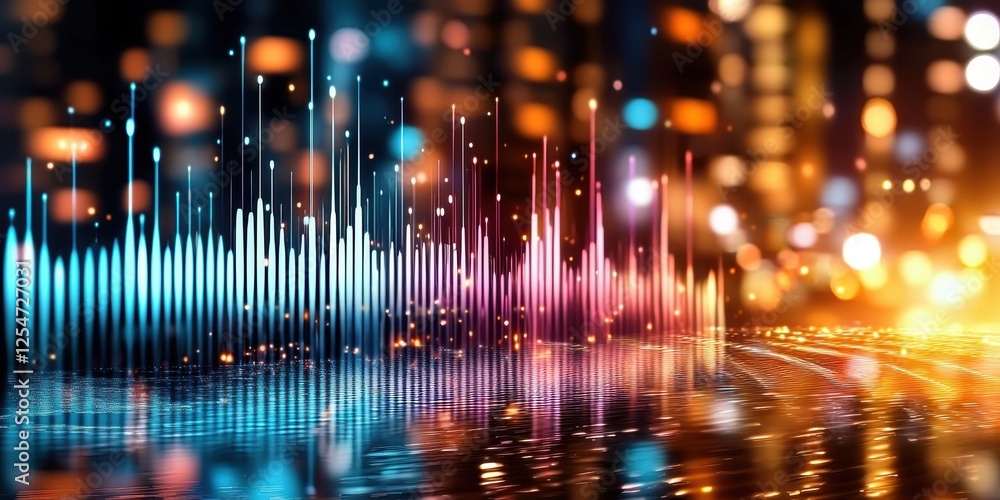 A vibrant visualization of sound waves, with colorful peaks and shimmering lights, creating a dynamic and energetic atmosphere. A vibrant visualization of sound waves, with colorful peaks and shimmering lights, creating a dynamic and energetic atmosphere.