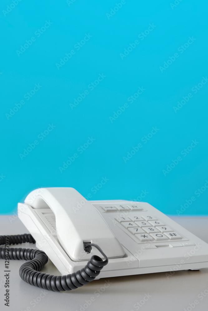 Desk phone 80s 90s on table against blue wall copy space vertical Desk phone 80s 90s on table against blue wall copy space vertical