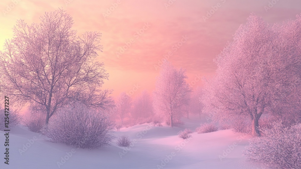 Quiet winter landscape with snow-covered trees and a soft pink sky Quiet winter landscape with snow-covered trees and a soft pink sky