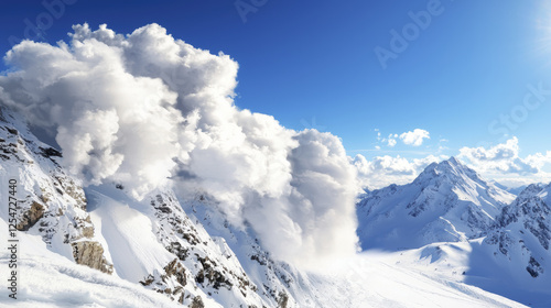 Wallpaper Mural Dramatic avalanche clouds billow over snow covered mountains under bright blue sky Torontodigital.ca