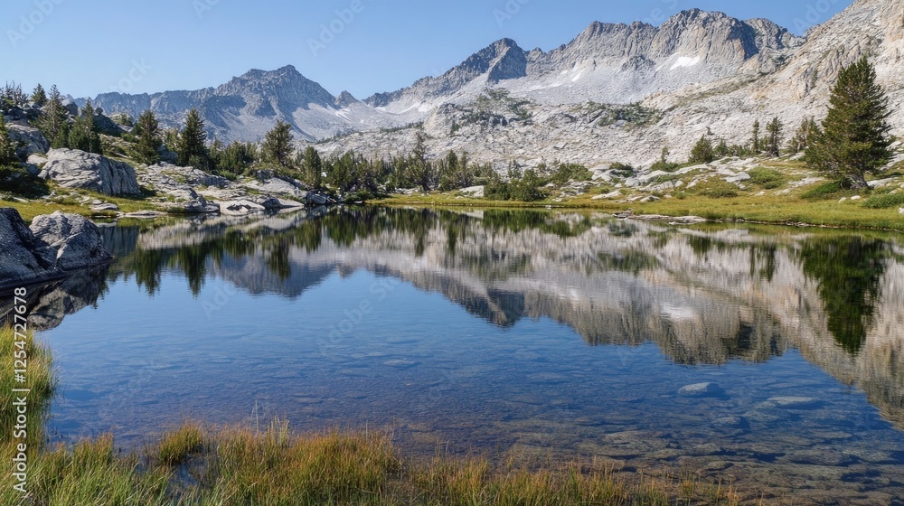 Reflective lake with rugged mountain backdrop under clear skies. Reflective lake with rugged mountain backdrop under clear skies.