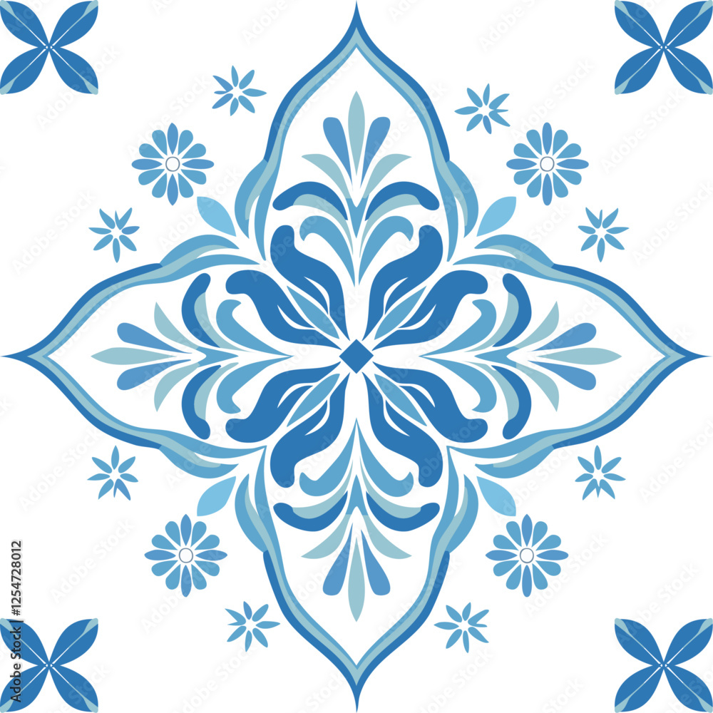 Fototapeta premium Traditional ceramic tiles Azulejo vector illustration. Italian print and pattern for fabric and wallpaper. Sicilian majolica in blue tones. Ornament in Mediterranean style.