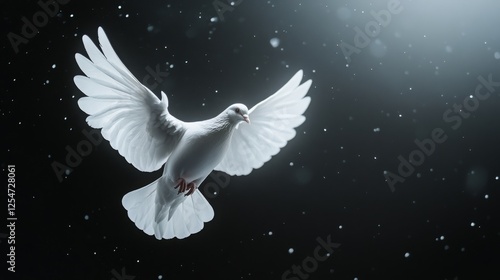 A white dove soars gracefully against a dark background, embodying themes of peace and freedom, with soft light illuminating its wings. photo