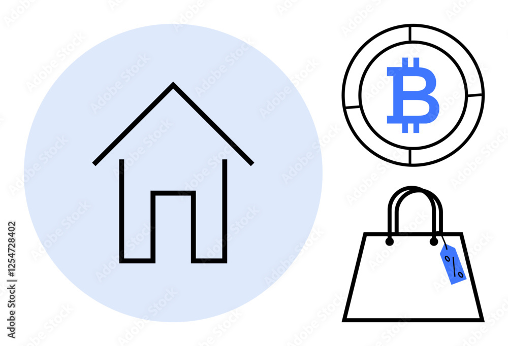 Obraz premium House icon in large blue circle, Bitcoin coin, and shopping bag with price tag. Ideal for finance, real estate, ecommerce, investment, cryptocurrency digital economy property ownership. Abstract