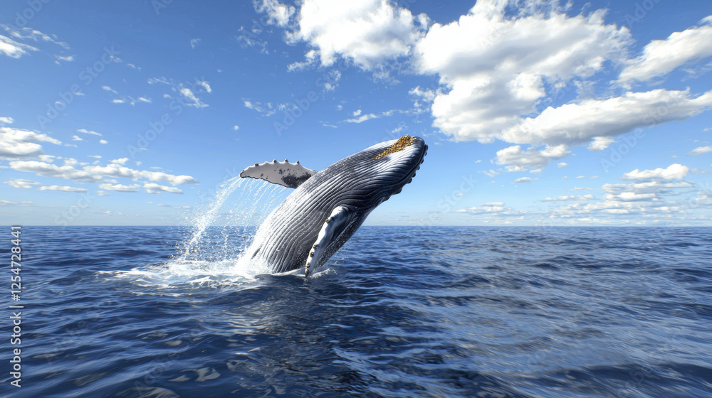 Naklejka premium Majestic blue whale breaching ocean surface under bright sky