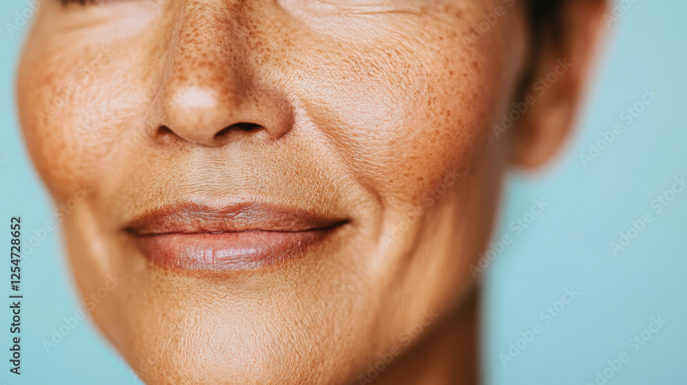 Fototapeta premium Close-up captures the lower portion of a smiling woman's face, highlighting her freckles, smooth skin, and subtle lip gloss, emphasizing natural beauty and skincare