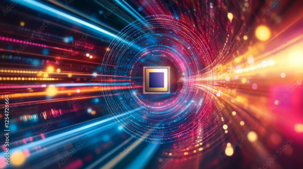 Fototapeta premium A vibrant, abstract depiction of a computer chip surrounded by dynamic light trails, symbolizing speed and technology.