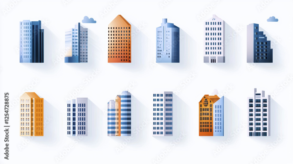 Modern city skyline with various building designs and colors Modern city skyline with various building designs and colors