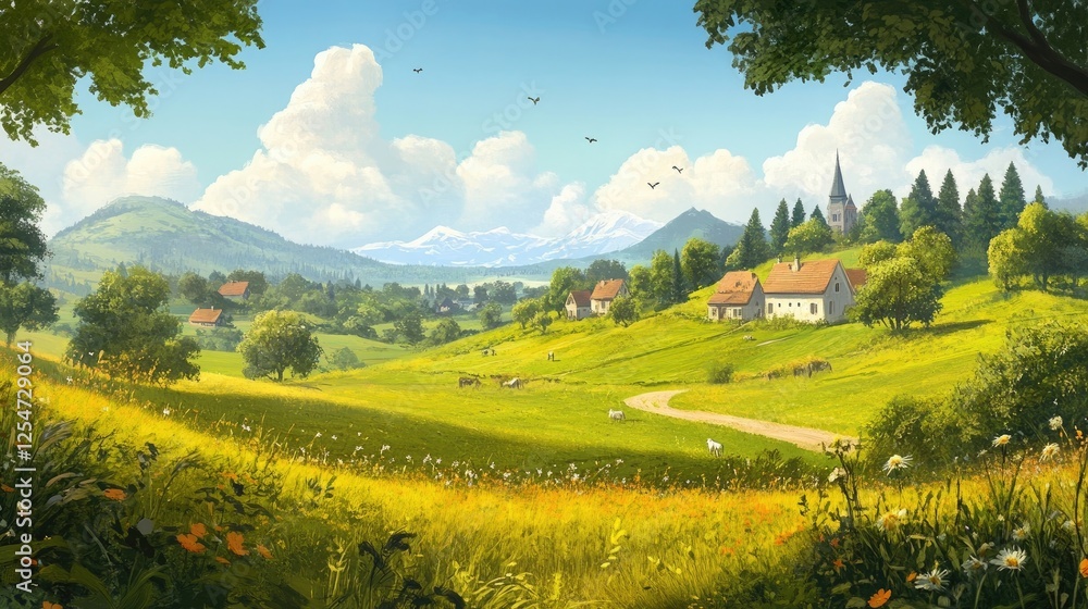 Obraz premium Rolling countryside with grassy fields and a picturesque backdrop.