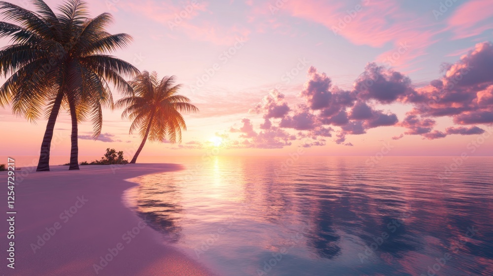 A tranquil beach at sunset with soft golden light reflecting off the calm ocean, palm trees gently swaying in the breeze A tranquil beach at sunset with soft golden light reflecting off the calm ocean, palm trees gently swaying in the breeze