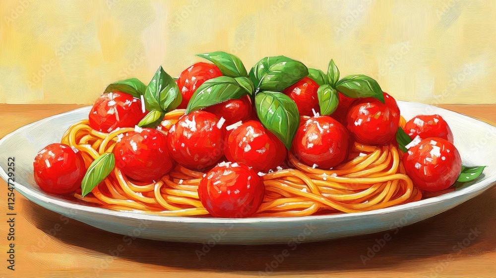 A vibrant plate of spaghetti topped with fresh tomatoes and basil, set against a soft yellow background A vibrant plate of spaghetti topped with fresh tomatoes and basil, set against a soft yellow background