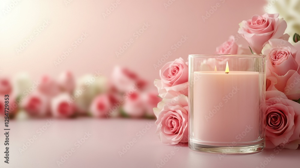Soft pink candle surrounded by fresh roses on a pastel background, creating a serene ambiance Soft pink candle surrounded by fresh roses on a pastel background, creating a serene ambiance