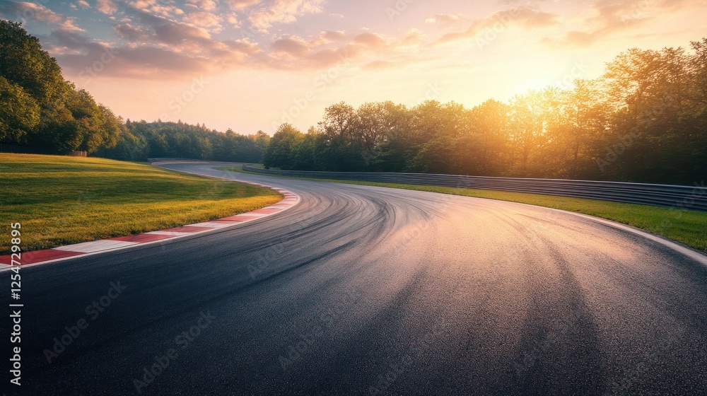 An empty race track winding through a lush green forest, with vibrant sunset colors casting long shadows over the asphalt. An empty race track winding through a lush green forest, with vibrant sunset colors casting long shadows over the asphalt.