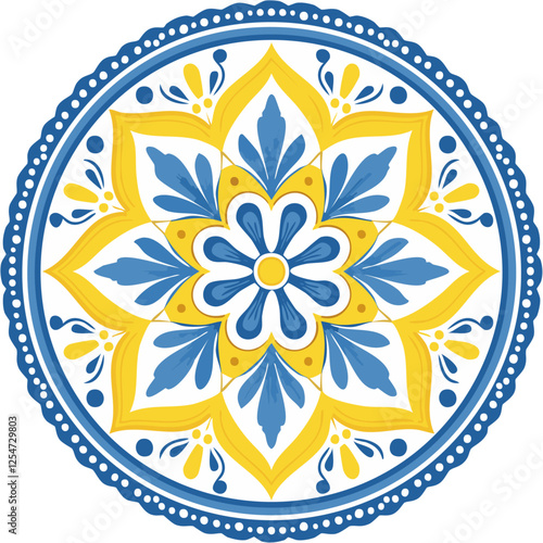 Traditional Azulejo ceramic tiles. Vector Italian print for fabric and wallpaper. Sicilian majolica in blue and yellow colors. Mediterranean style ornament.