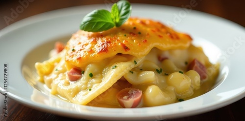 Golden-brown gratin topping on creamy Alfredo ravioli with salami & mozzarella filling, baked, gourmet photo