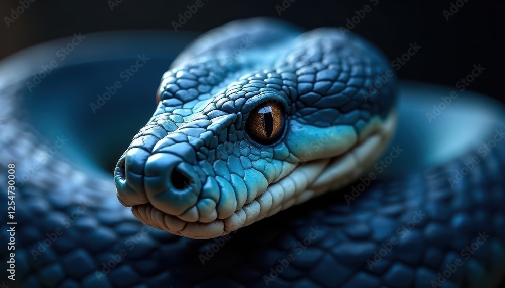 Fototapeta premium Intricate details of blue viper's facial features, head, nose, reptile