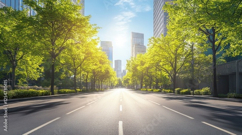 Urban avenue with green trees and modern buildings. City street perspective.  Possible stock photo use photo